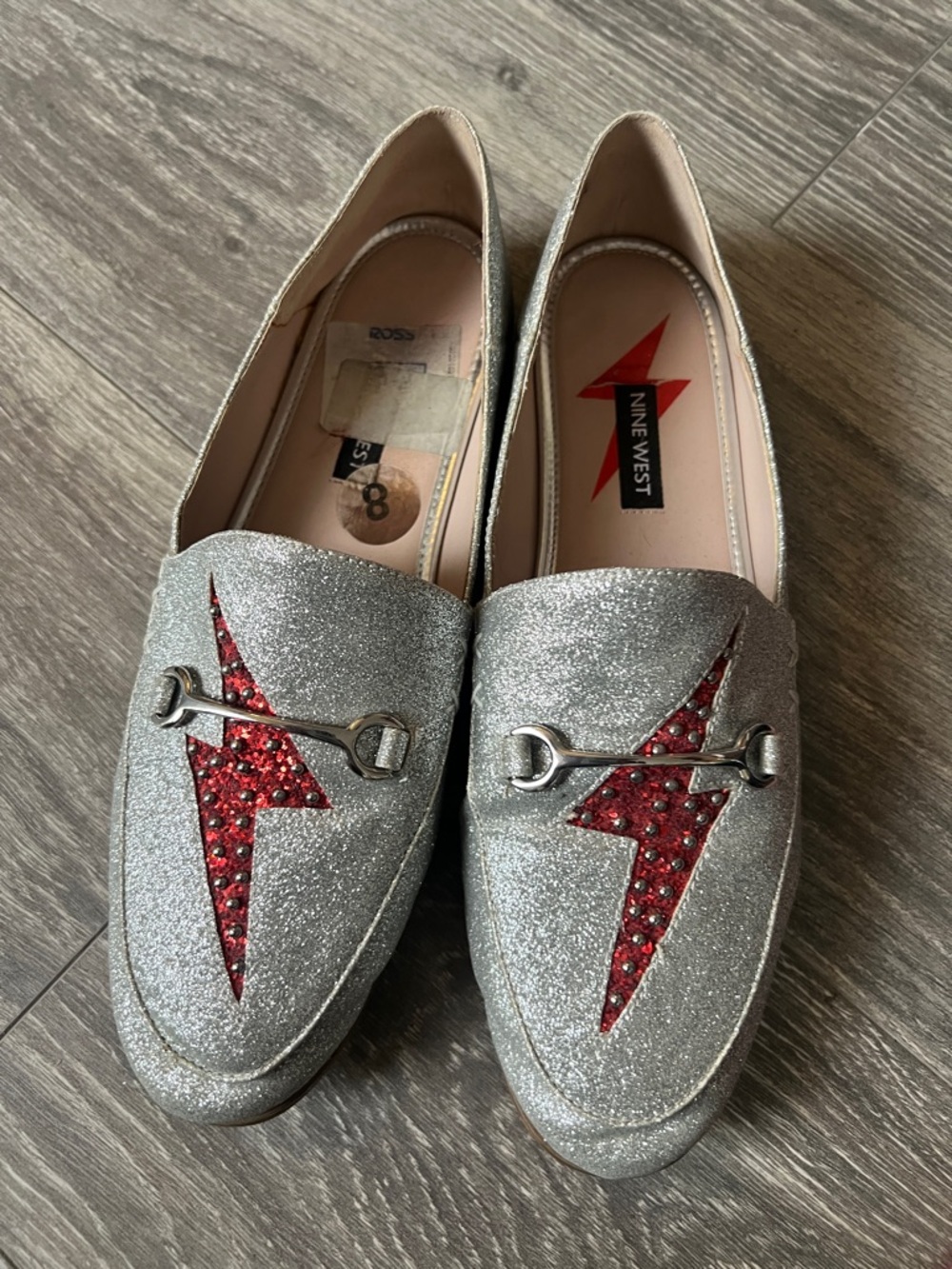 Nine West Silver Glitter Loafers with Red Lightning Detail - so Bowie!